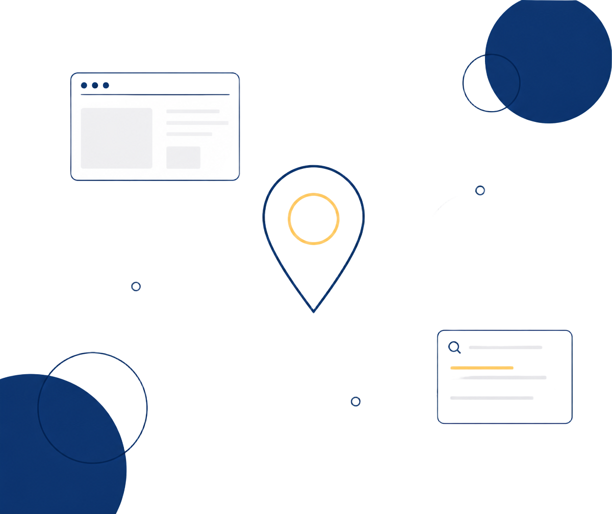 Ilustração abstrata de presença digital: pin de localização, site e resultado de busca